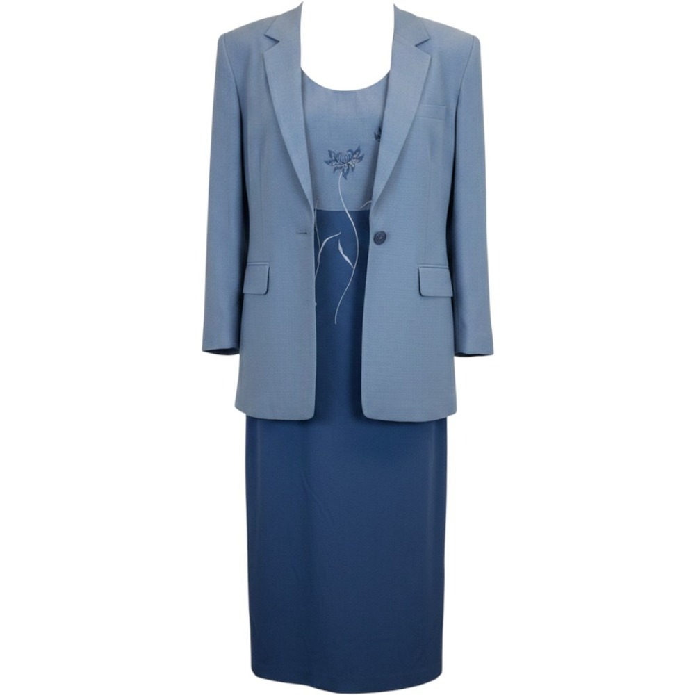 Vintage Periwinkle Blue Suit Set Floral Embroidered 2 Piece Blazer Dress Size 12